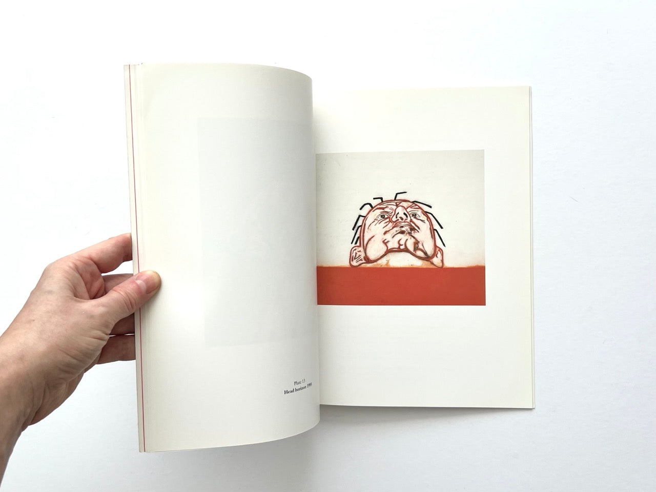 Tony Bevan Recent Paintings (1996)  – interior spread showing Head Horizon painting with stylised face and red ground