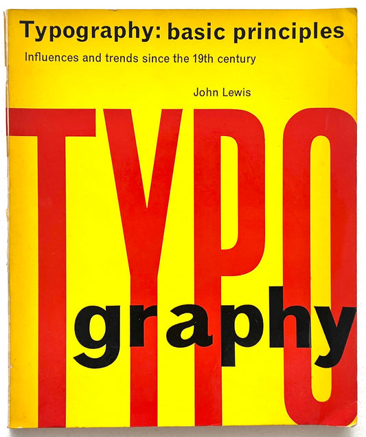 Book cover of 'Typography: basic principles' by John Lewis with large red and black text on a yellow background.