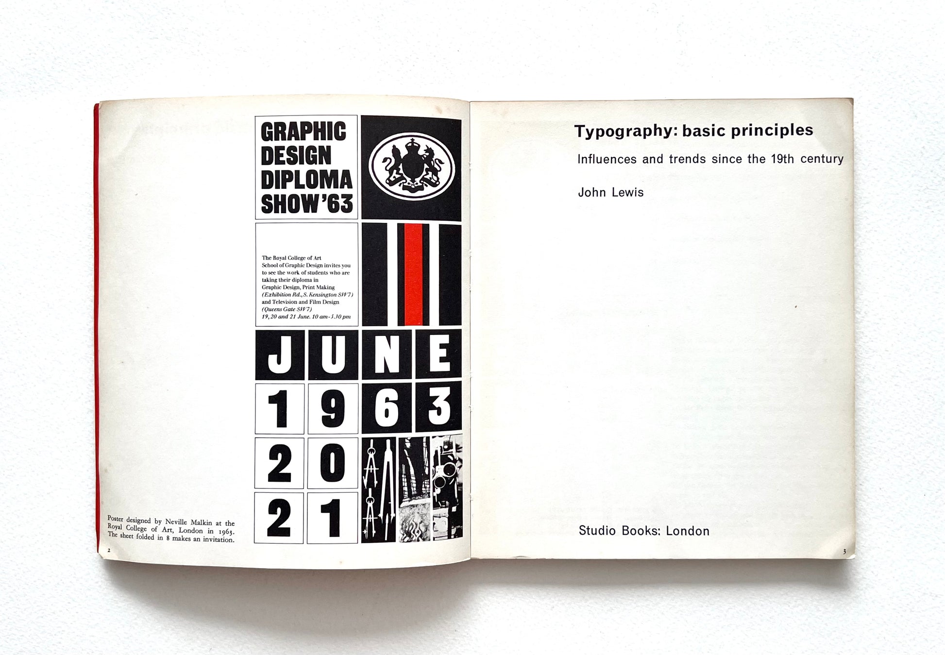Open book showing a page with typographic design and ttitle page of 'Typography: basic principles' by John Lewis on a white background