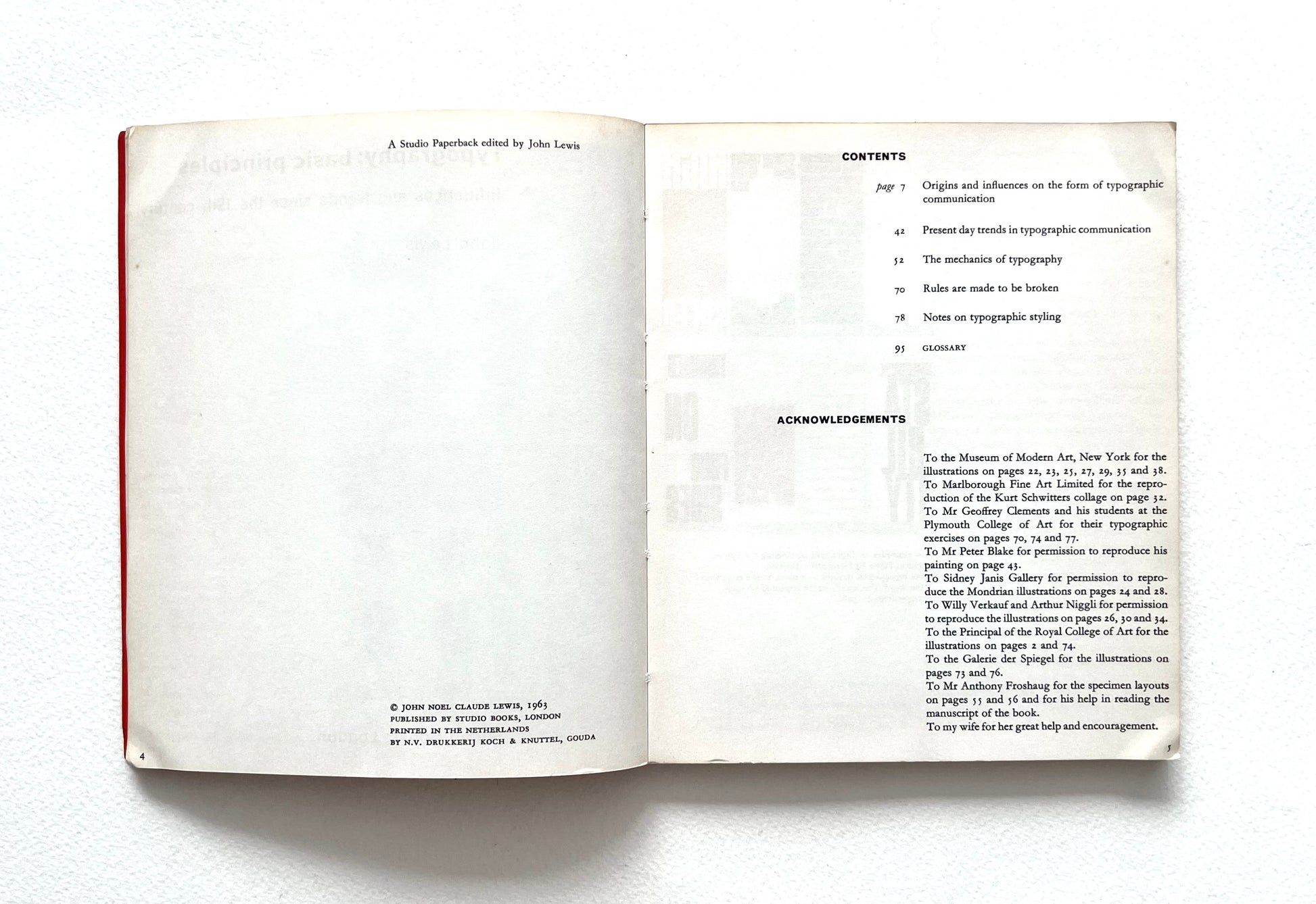 Open 'Typography: basic principles' by John Lewis book showing a table of contents on a white background