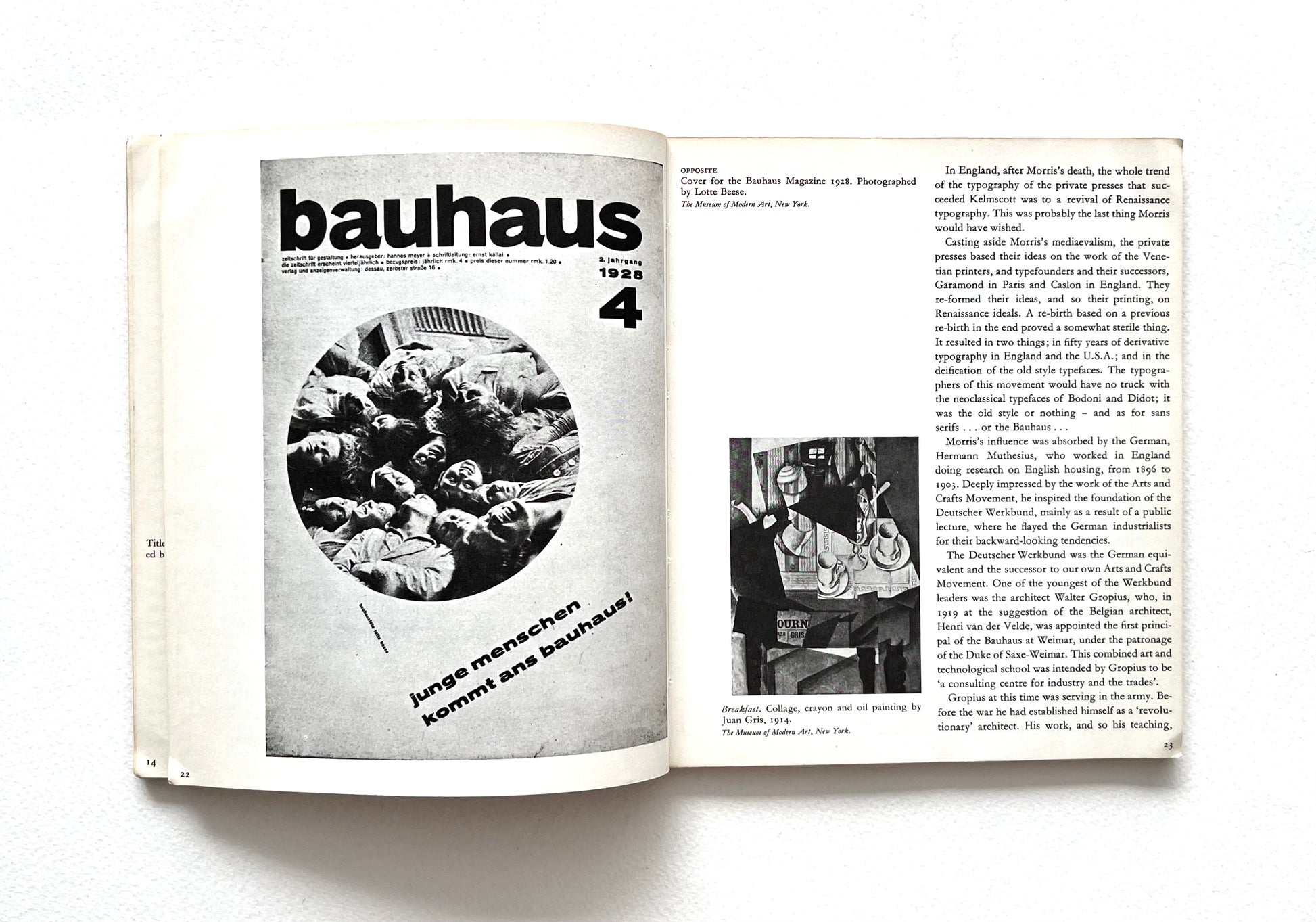 Open book showing pages with text and images related to Bauhaus, featuring black and white photographs and text.