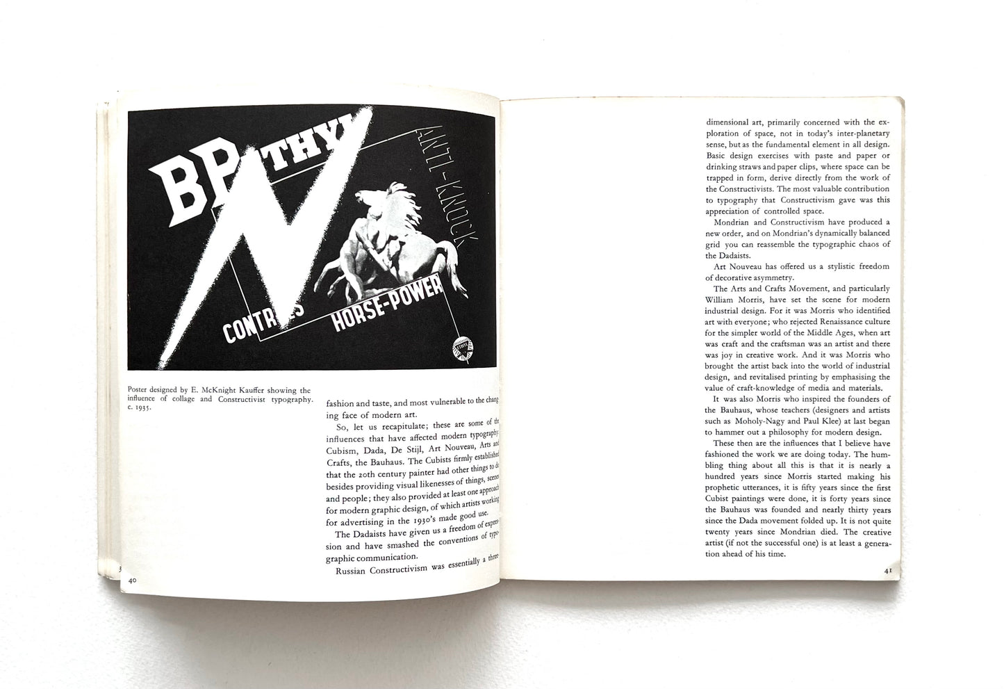 Open book with a black and white  vintage BP advertisement on the left page and text on the right page.