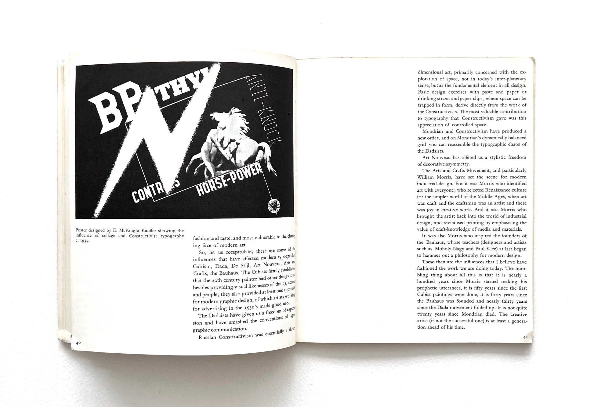 Open book with a black and white  vintage BP advertisement on the left page and text on the right page.