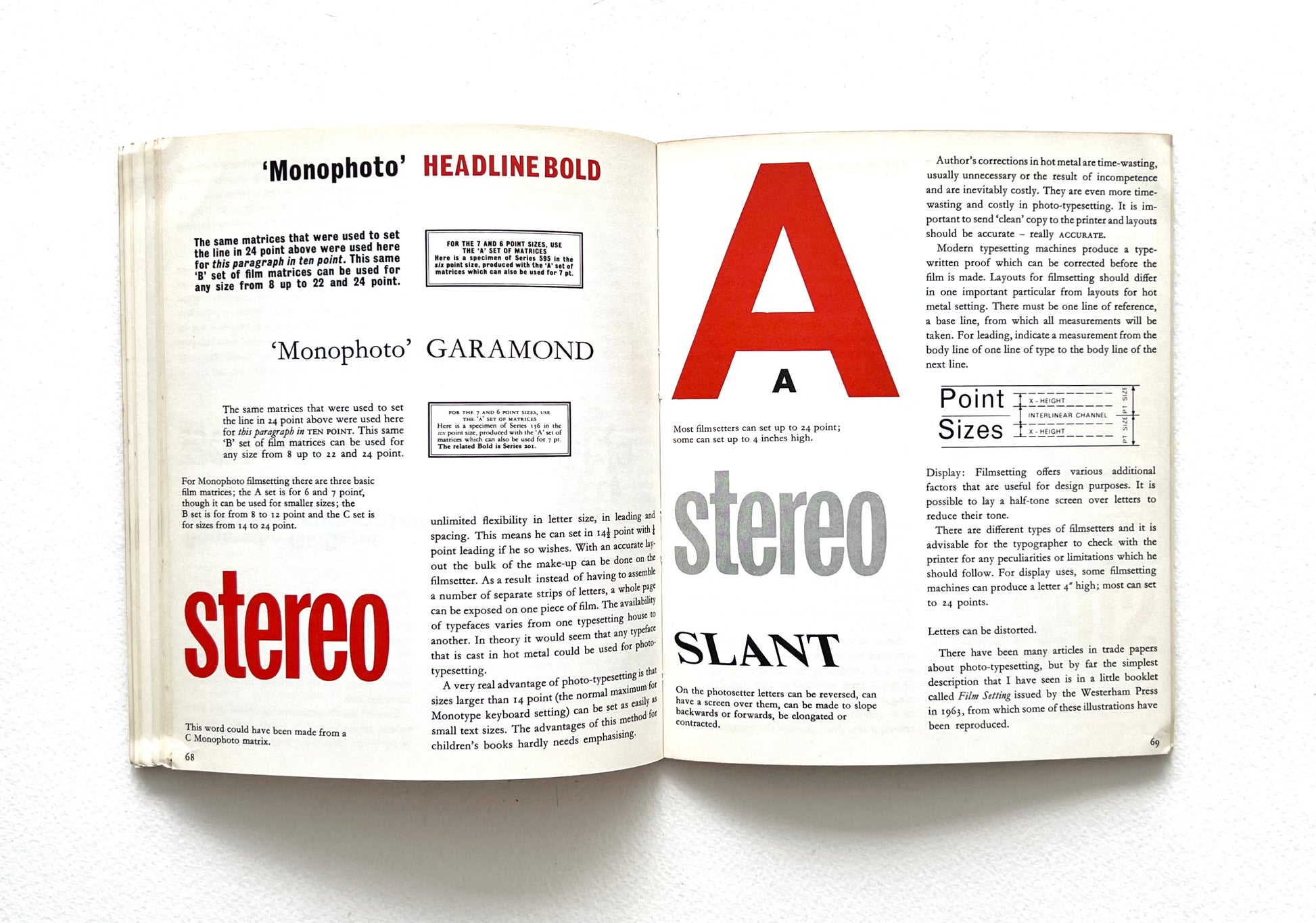 Open book displaying red text and design elements on a white background