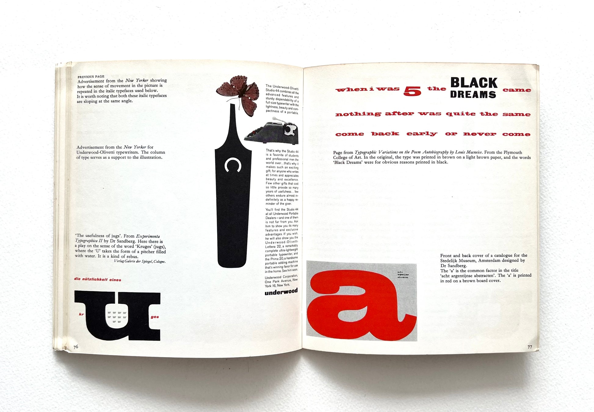 Open book with red and black text and graphic design elements on a white background