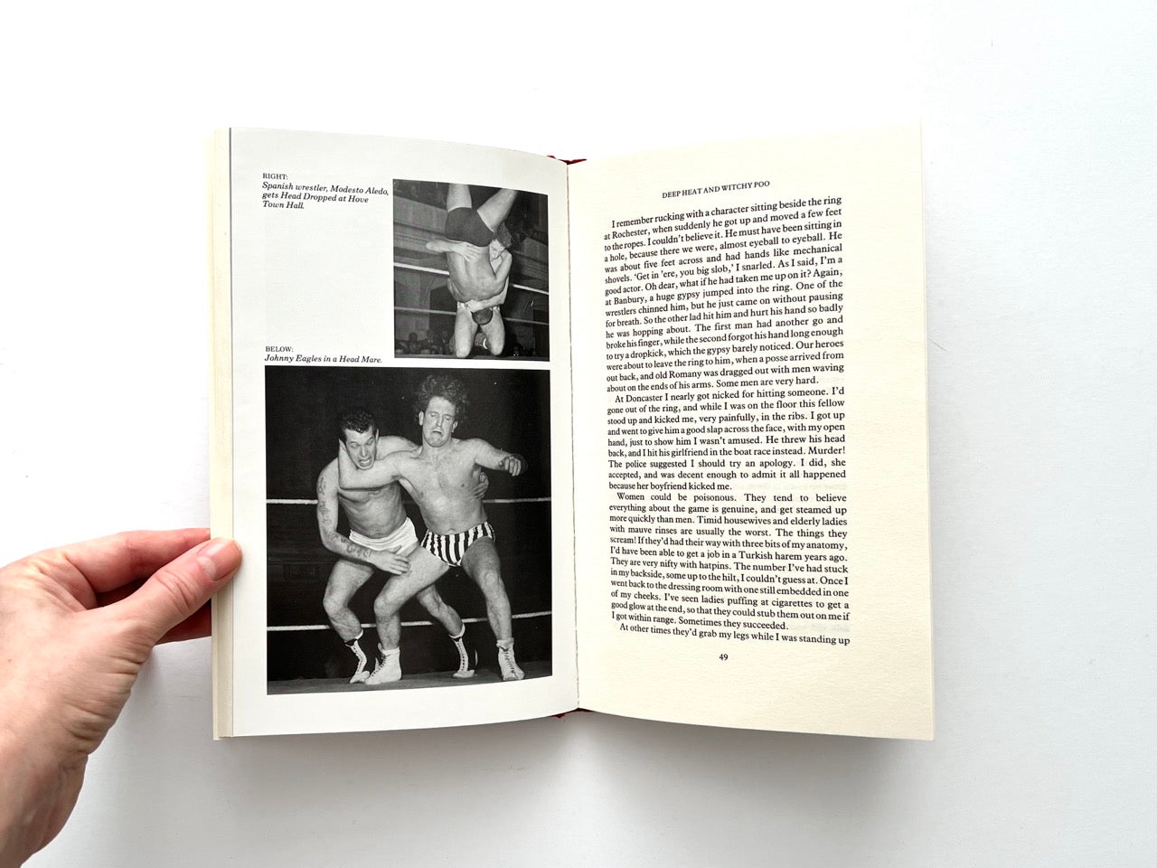 Interior spread of You Grunt, I’ll Groan showing wrestling action photographs on left page and narrative text on the right