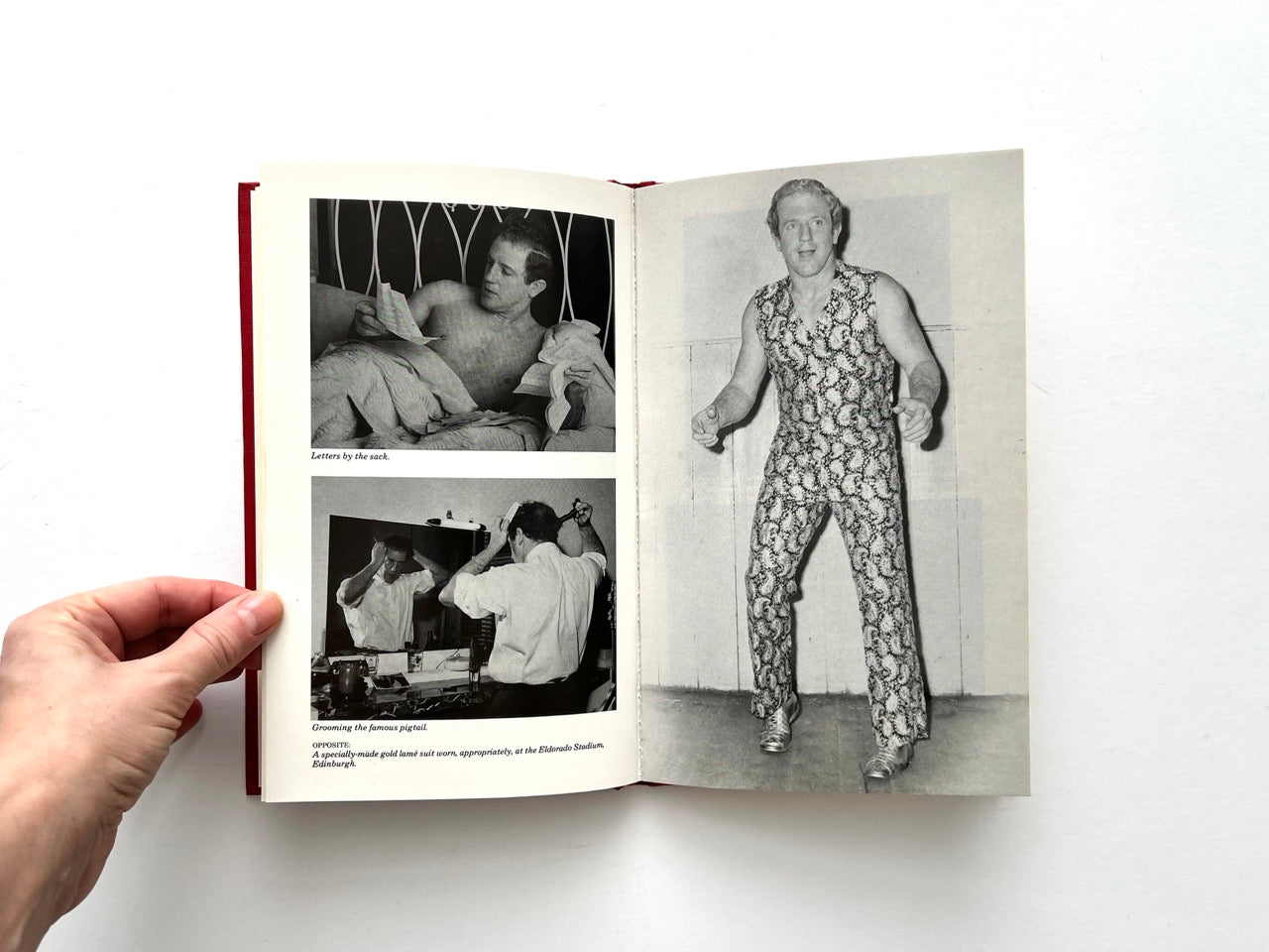 Open spread of You Grunt, I’ll Groan with candid photographs of wrestler off-stage and full-page image of Jackie ‘Mr TV’ Pallo iin patterned suit