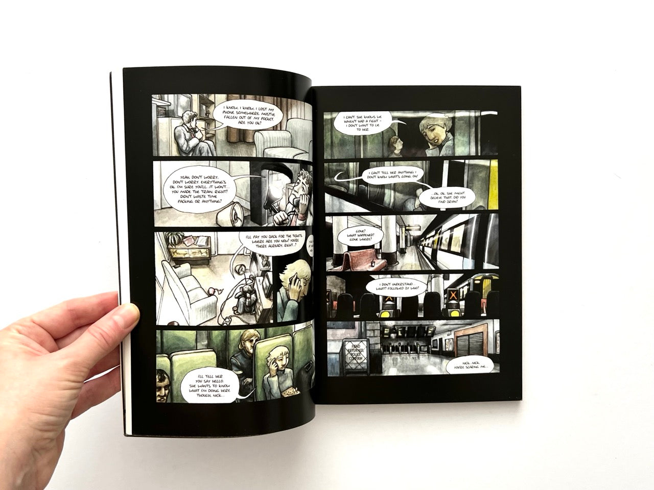 Adamtine by Hannah Berry, 2012 graphic novel, interior comic pages showing illustrated panels set on London Underground train with dialogue speech bubbles.