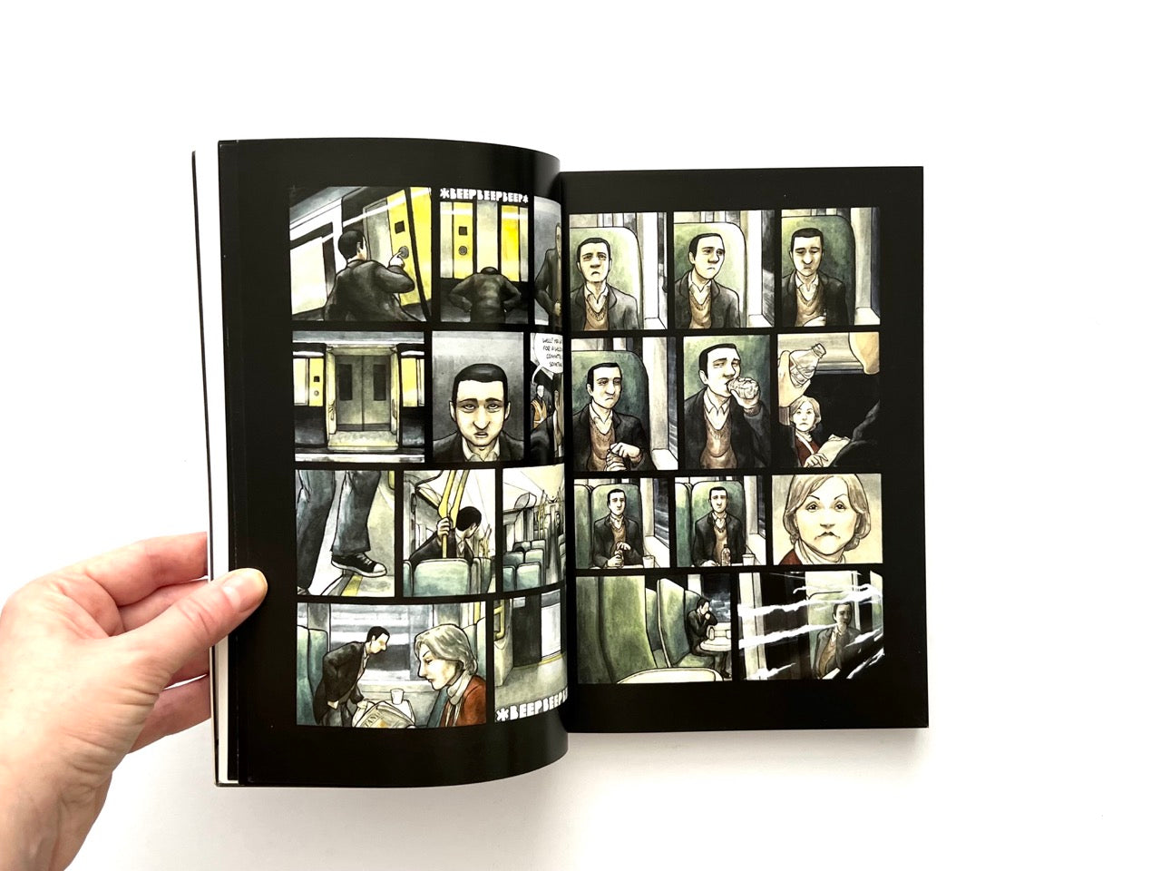 Adamtine by Hannah Berry, 2012 graphic novel, interior comic pages showing illustrated panels set on London Underground train with dialogue speech bubbles.