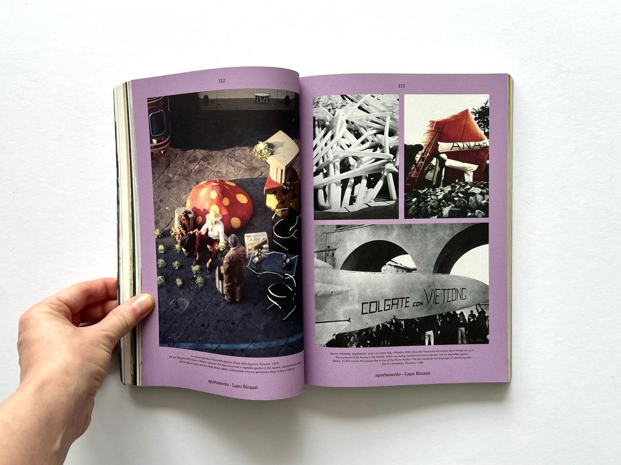 Apartamento Magazine Issue #21 – Interior spread with Lapo Binazzi feature, including a staged outdoor scene with a large spotted sculptural form and archival black-and-white images.