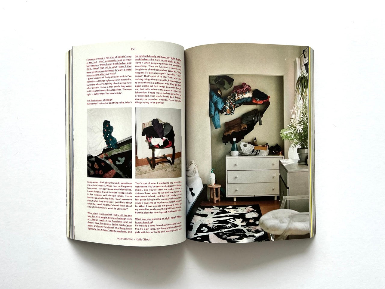 Apartamento Magazine Issue #21 – Interior spread with Katie Stout feature, showing a cluttered bedroom corner with clothing, dresser, plants, and personal objects.