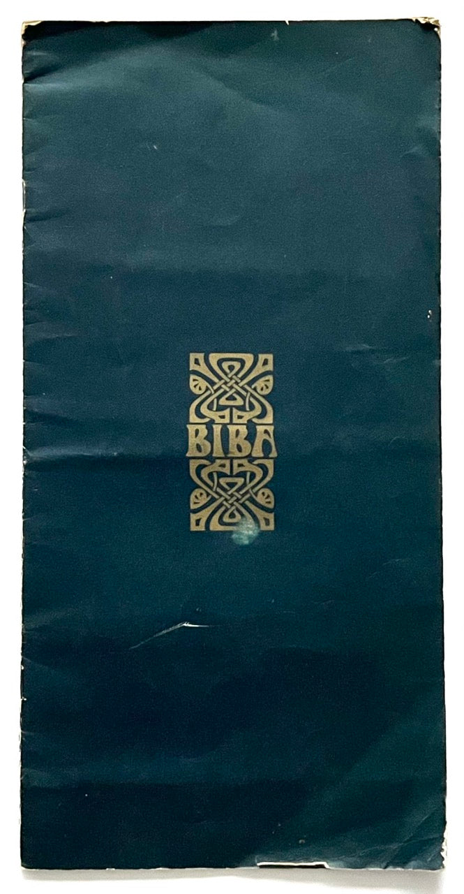Front cover of Biba fashion mail-order catalogue with gold Biba logo on dark blue background, issued in late 1960s