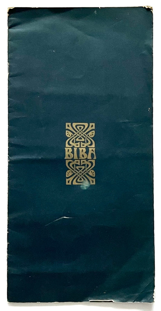 Front cover of Biba fashion mail-order catalogue with gold Biba logo on dark blue background, issued in late 1960s