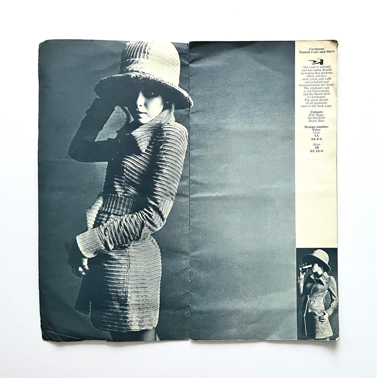 Biba catalogue spread showing Stephanie Farrow in corduroy trench coat and skirt with pricing column on the side, black and white studio photograph by Hans Feurer