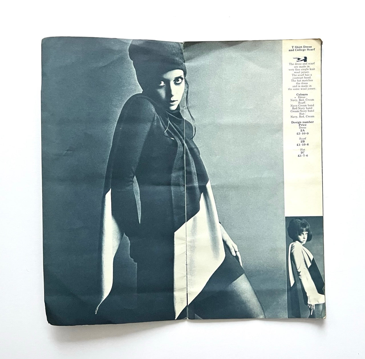Vintage Biba catalogue spread with Stephanie Farrow wearing T-shirt dress and college scarf; black and white fashion photograph with garment details on the side