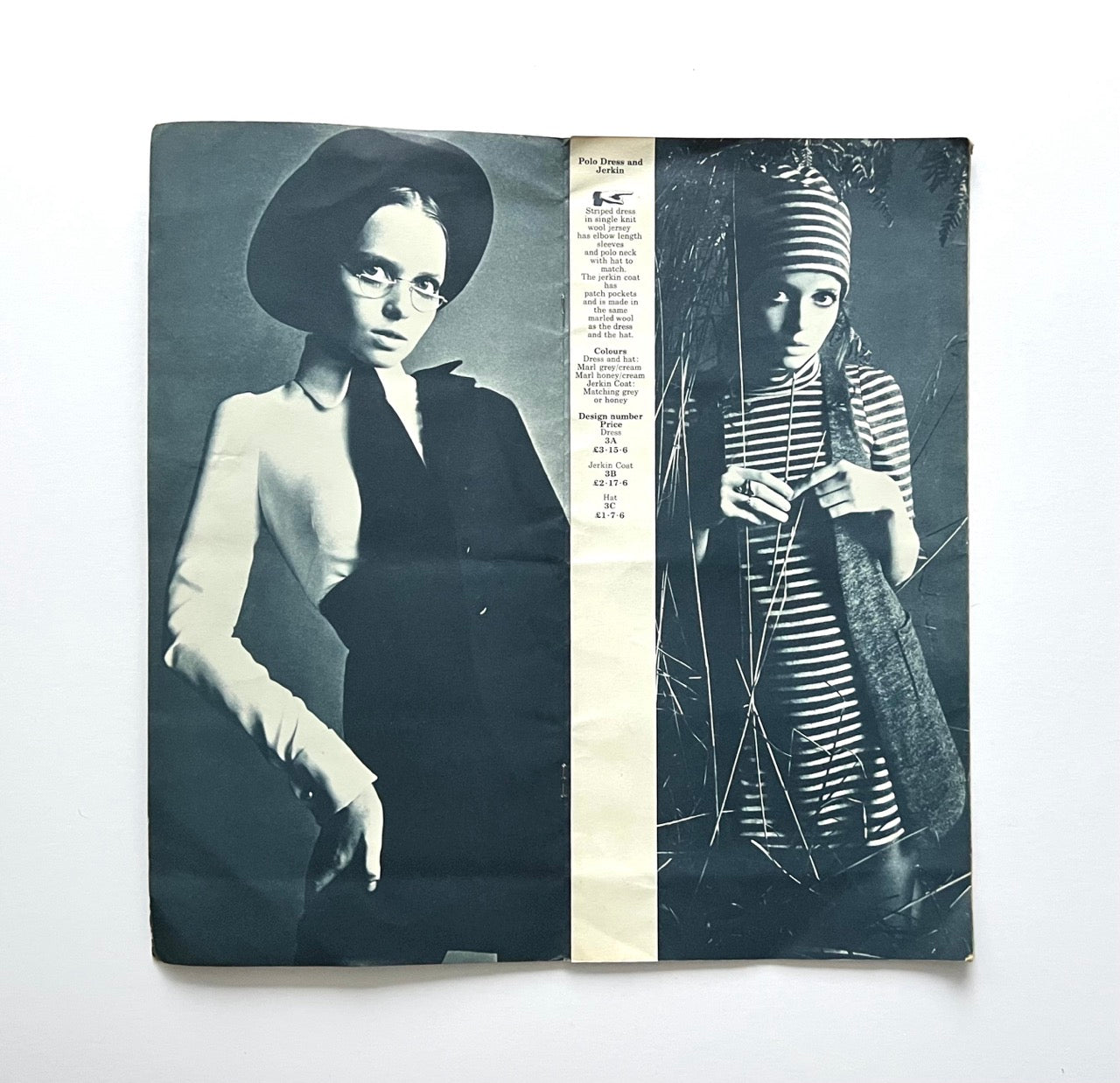 Vintage Biba catalogue spread showing Stephanie Farrow wearing a polo dress and striped knit outfit, black and white studio photography with product descriptions on the side