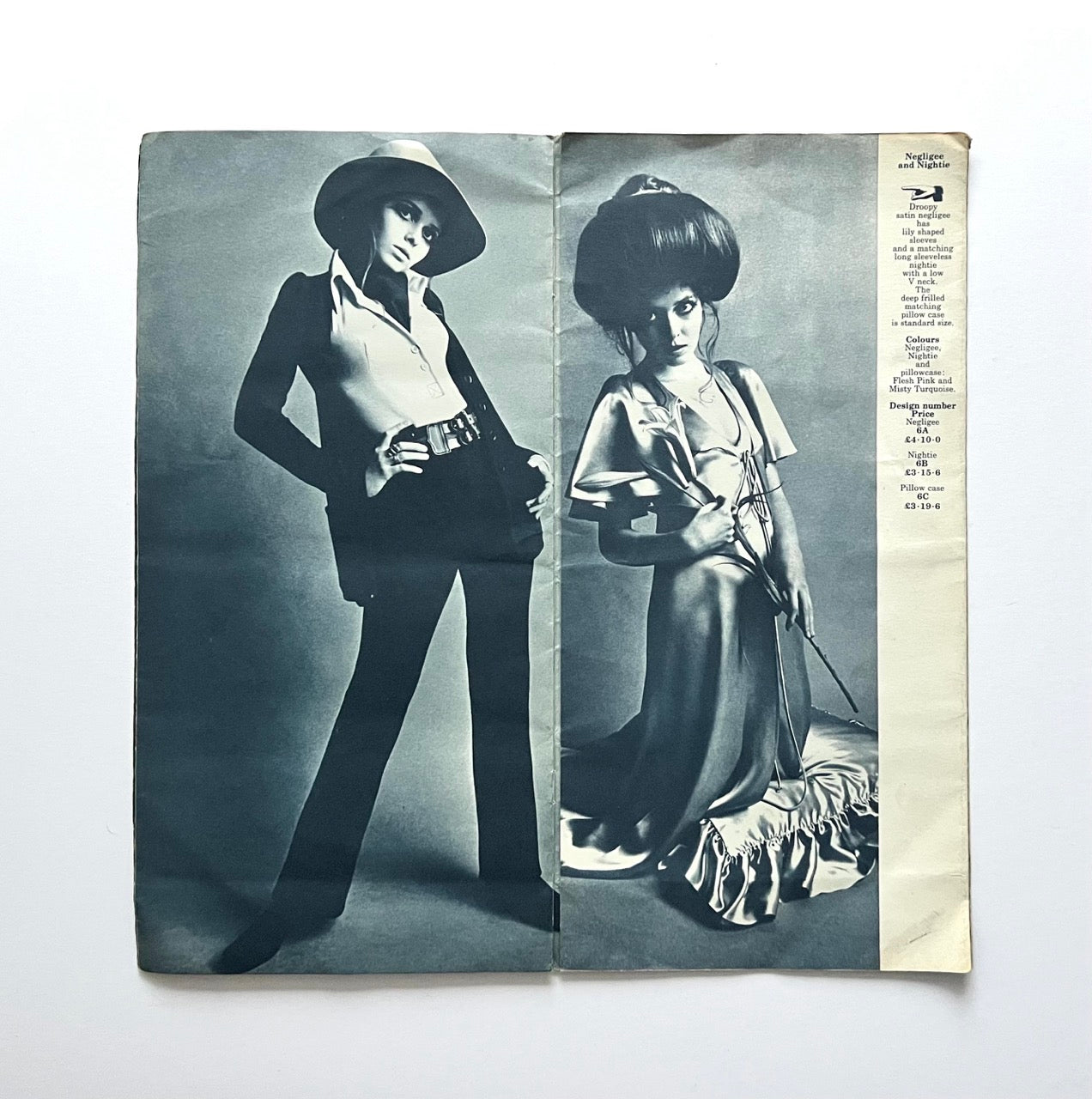 Vintage Biba catalogue spread with Stephanie Farrow in negligee and tailored suit looks, black and white fashion photographs with price list column on the side