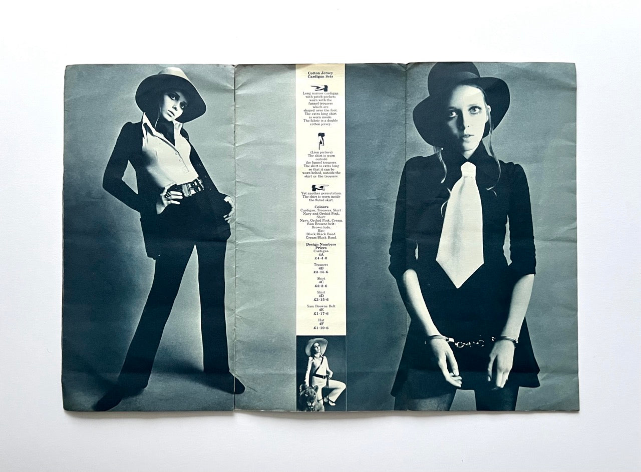 Vintage Biba catalogue spread showing Stephanie Farrow in cotton jersey cardigan set and tie dress; black and white studio portraits with garment information in the middle