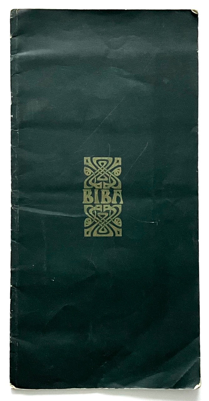 Vintage Biba mail-order catalogue cover with gold Biba logo on dark green background, late 1960s 