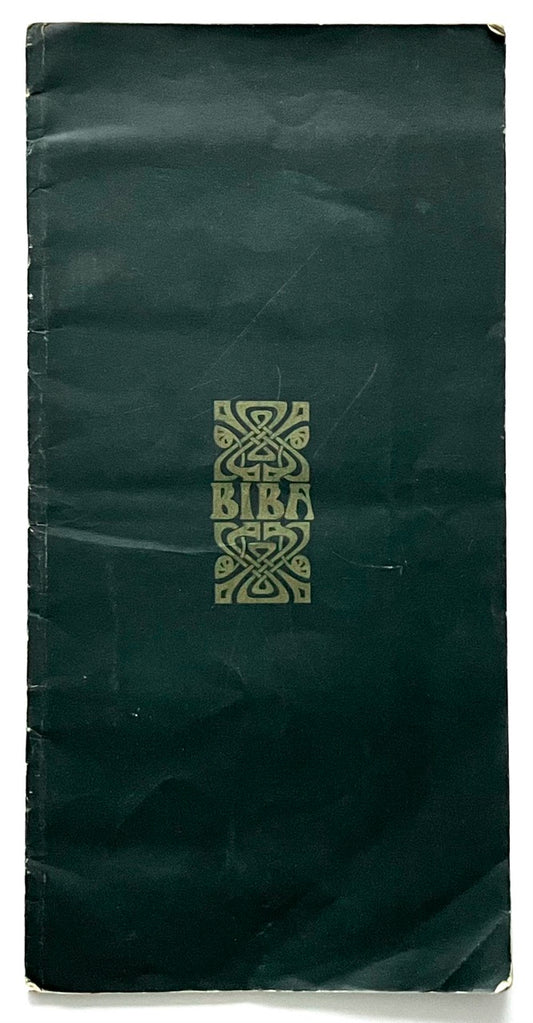 Vintage Biba mail-order catalogue cover with gold Biba logo on dark green background, late 1960s 