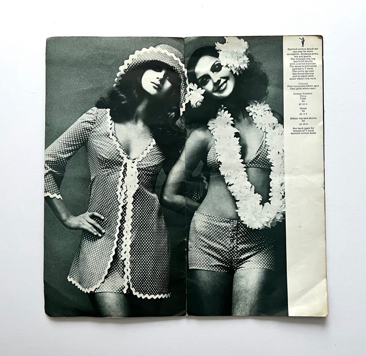 Vintage Biba catalogue spread with polka dot dress and bikini outfit, black and white fashion photograph with garment descriptions on the side