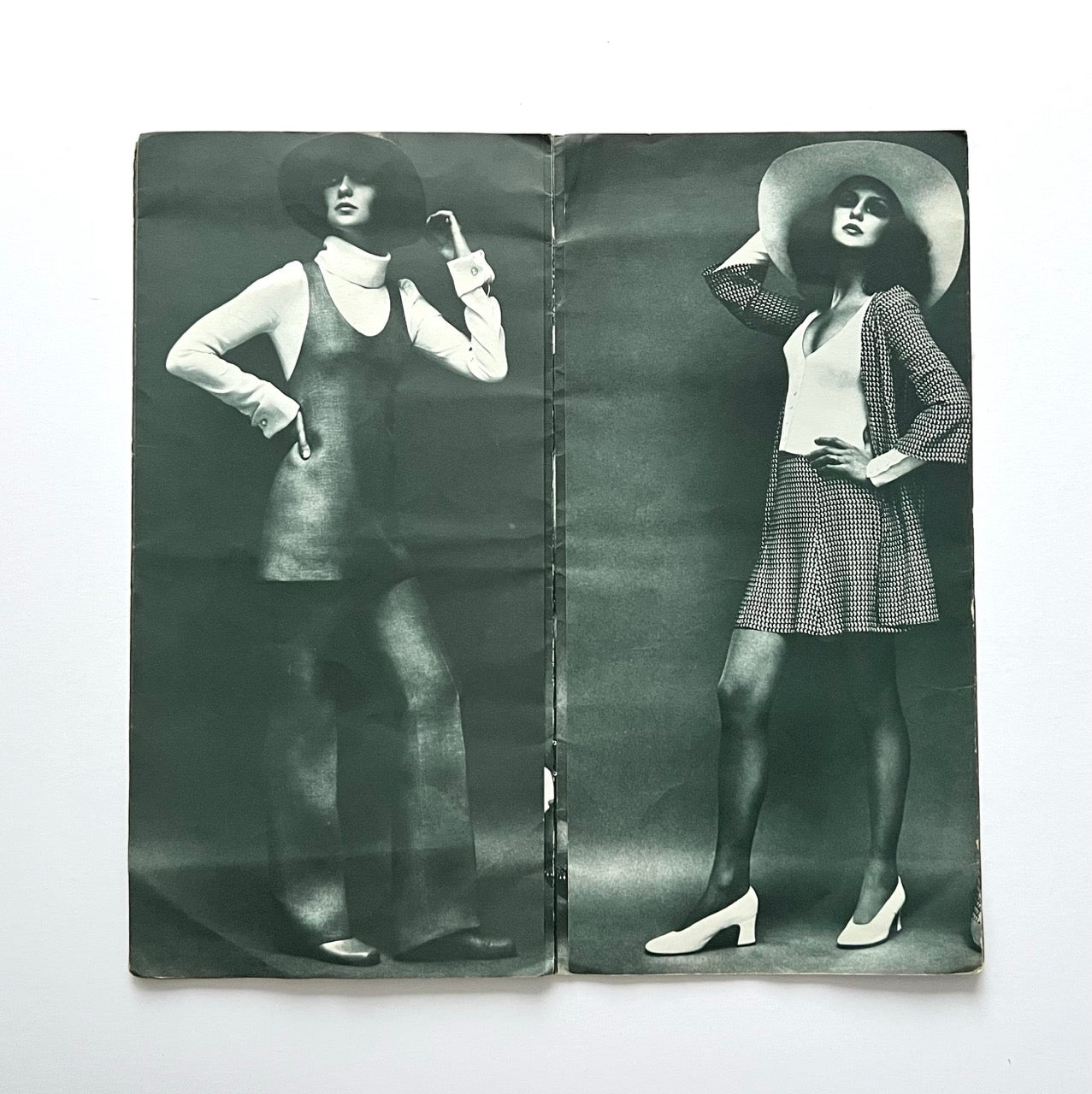 Vintage Biba catalogue spread with sleeveless mini dress and patterned knit suit, black and white studio fashion photography