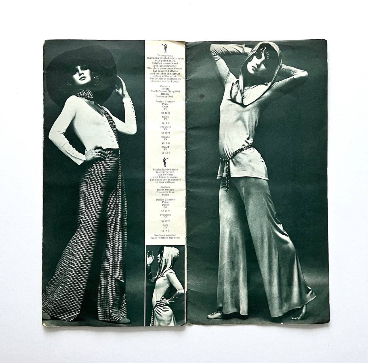 Vintage Biba catalogue spread showing hooded dress and wide-leg trousers, black and white studio fashion photograph with garment list