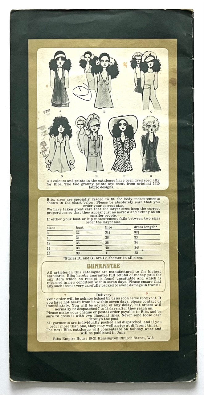 Back cover of Biba mail-order catalogue with illustrated outfit guide, size chart, guarantee text and Kensington Church Street address