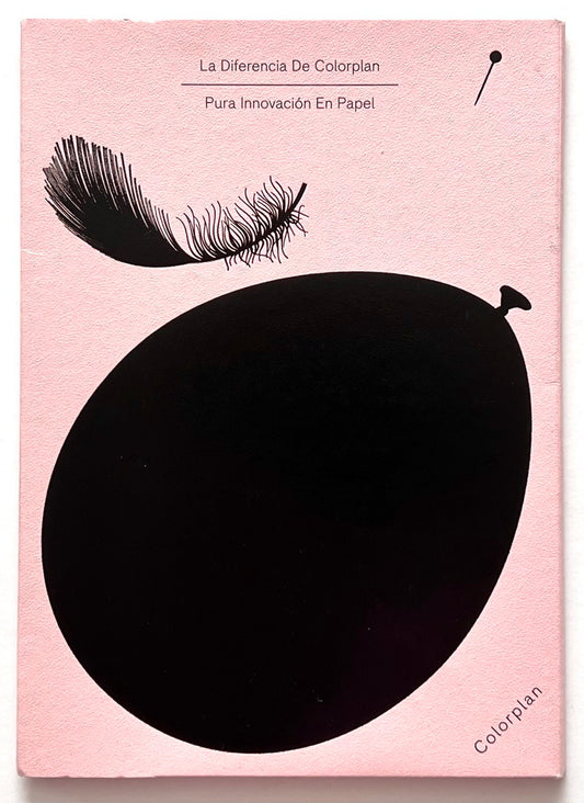 La Diferencia De Colorplan: Pura Innovación En Papel by Ane Store Group. Front cover of textured pink Colorplan paper portfolio featuring minimalist black balloon and feather graphics with Spanish typography.