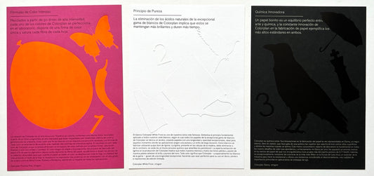 La Diferencia De Colorplan: Pura Innovación En Papel by Ane Store Group. Interior sample pages showing vivid Colorplan paper stocks in pink, white, and black with die-cut and embossed graphic illustrations and Spanish text.
