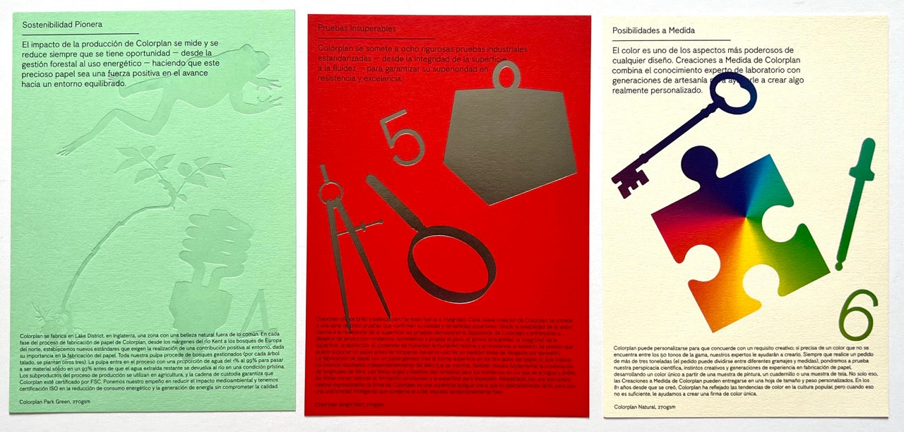 La Diferencia De Colorplan: Pura Innovación En Papel by Ane Store Group. Interior Colorplan paper sample spreads in green, red, and cream featuring embossed textures, metallic print effects, and graphic design demonstrations.