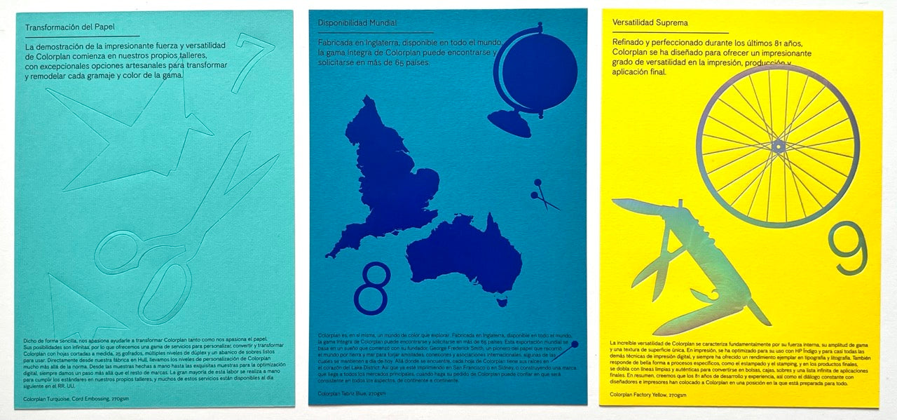 La Diferencia De Colorplan: Pura Innovación En Papel by Ane Store Group. Interior Colorplan paper portfolio pages in turquoise, blue, and yellow showcasing embossed paper textures, foil details, and geometric graphic illustrations.