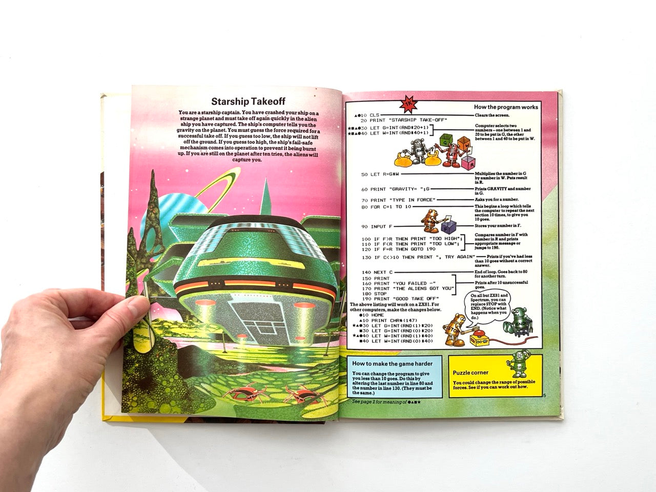 Interior spread from vintage Usborne computer programming book showing BASIC code game Starship Takeoff with sci-fi illustration and program listing