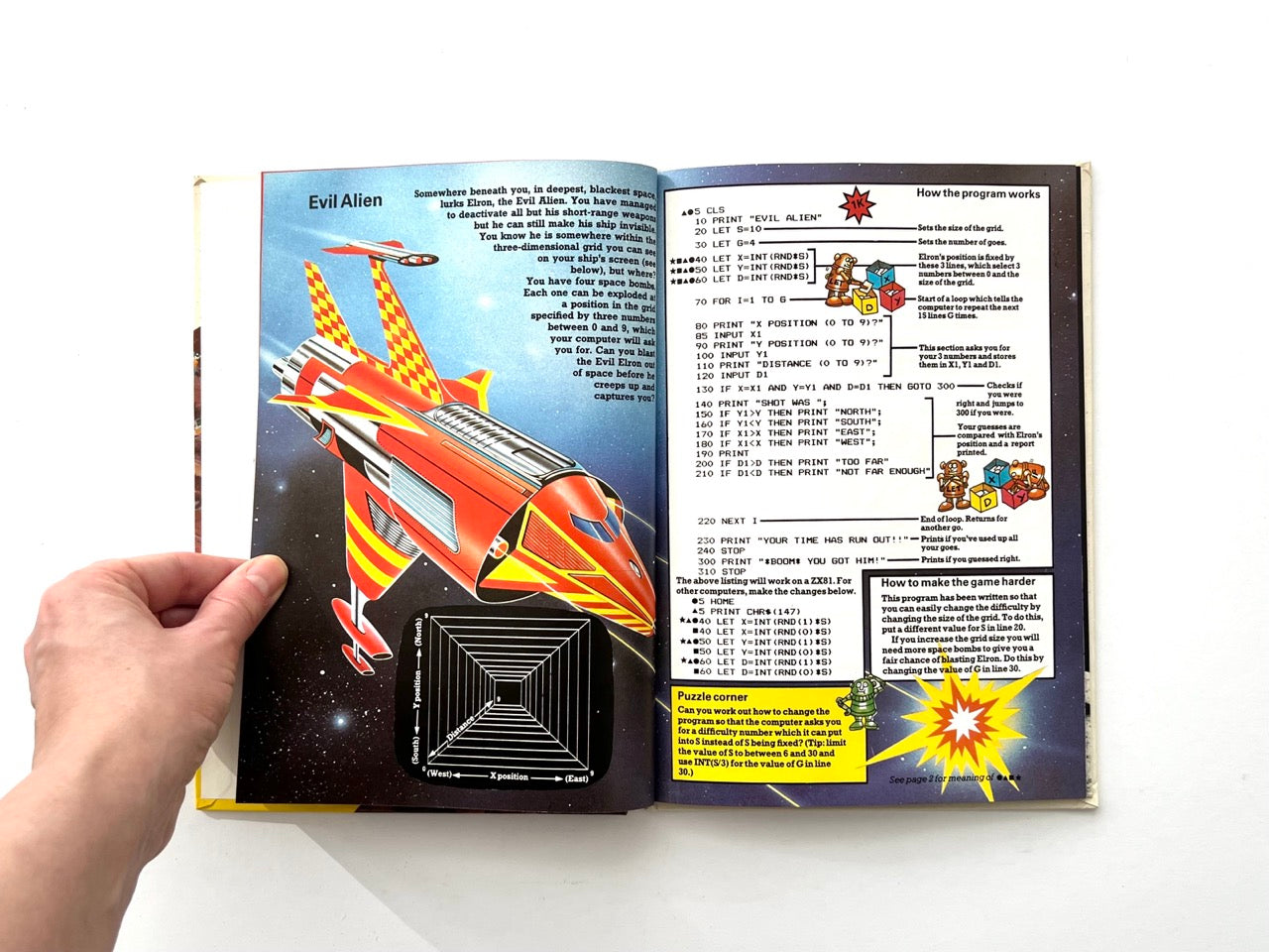 Interior spread from vintage Usborne Computer Spacegames book showing Evil Alien game with spaceship illustration, grid graphic and BASIC program listing