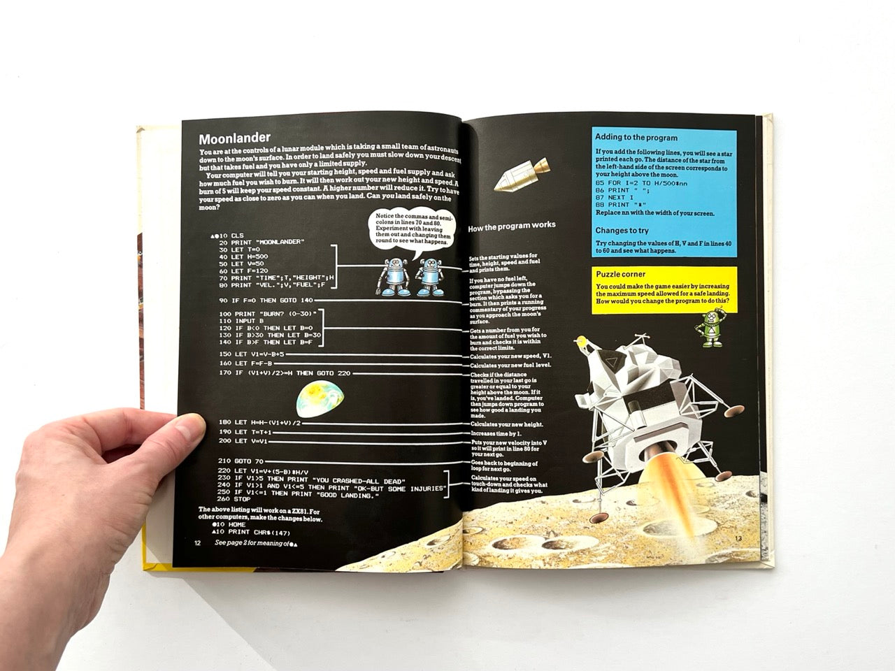 Interior pages from 1982 Usborne BASIC programming book showing Moonlander game code with lunar module illustration and program explanation
