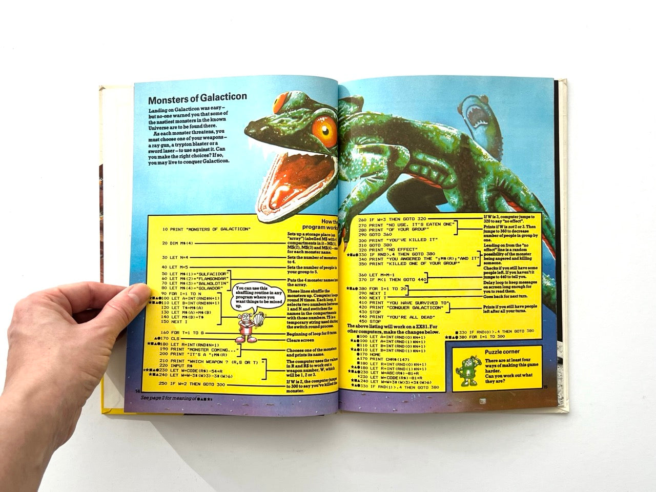 Interior spread from vintage Usborne computer game programming book showing Monsters of Galacticon BASIC code listing with sci-fi monster illustration