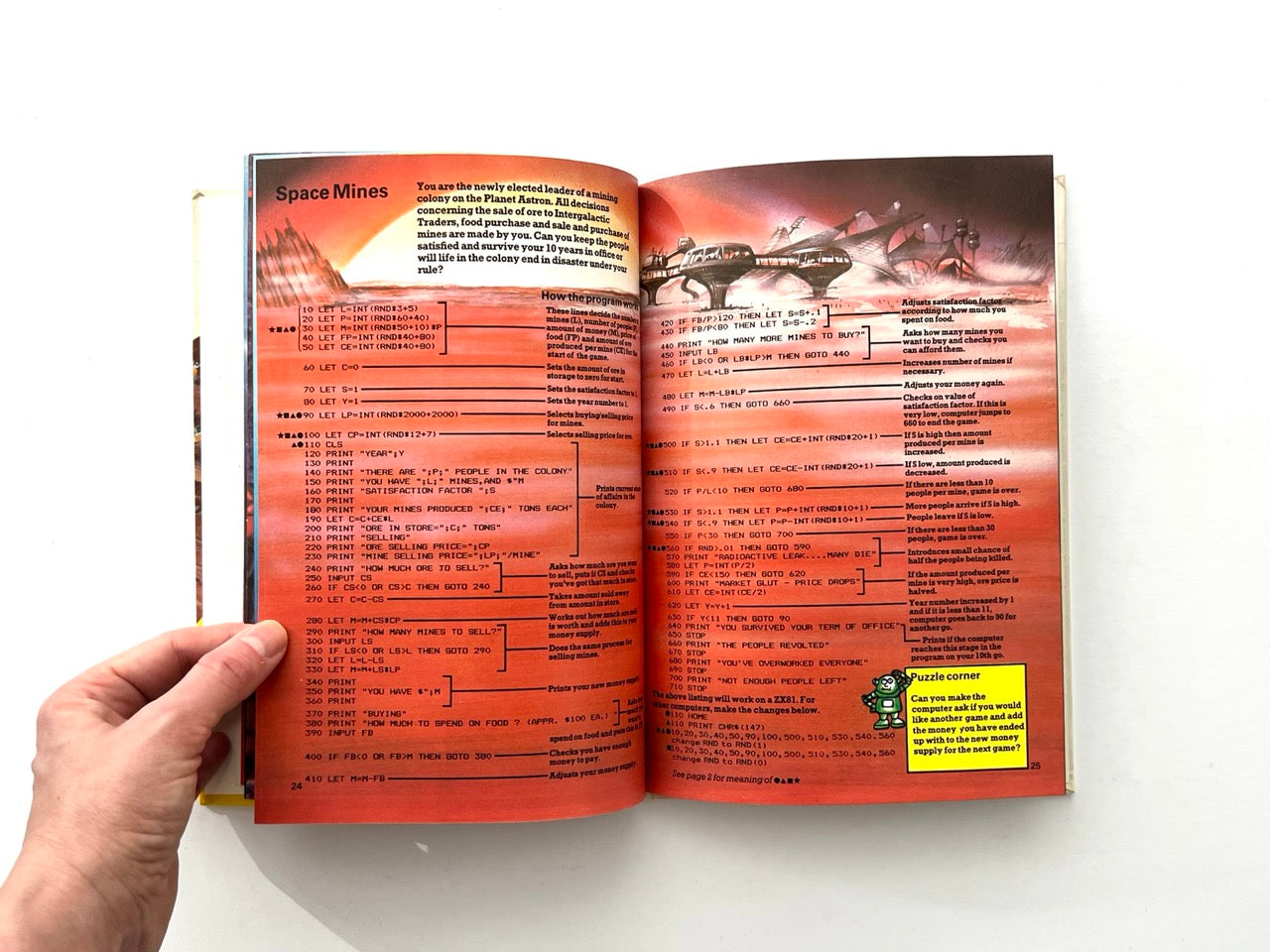 Interior spread from vintage Usborne computer programming book showing Space Mines game with BASIC code listing and sci-fi colony illustration