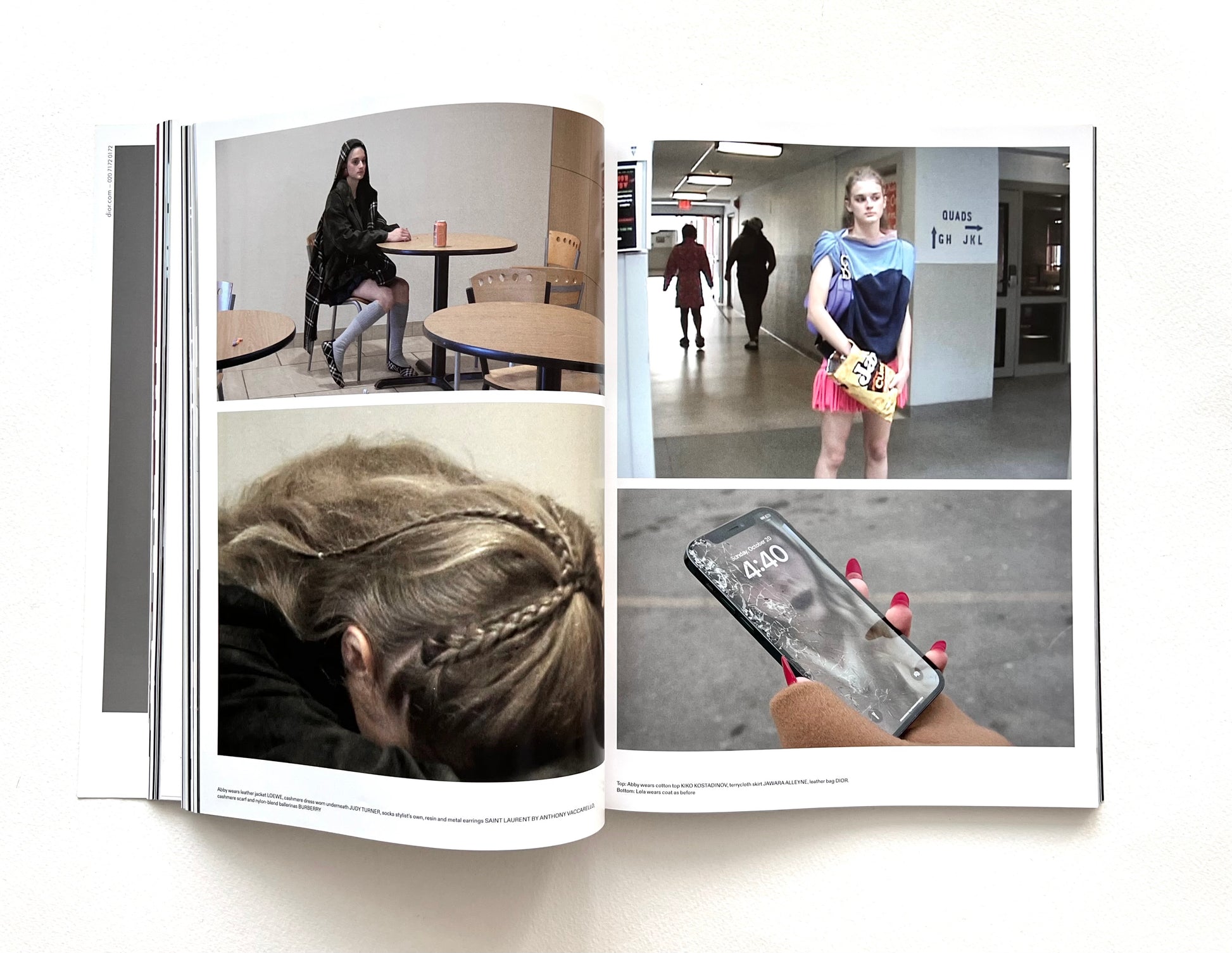 Open magazine showing a collage of fashion images including people in a cafe, a hallway, and a close-up of hair.