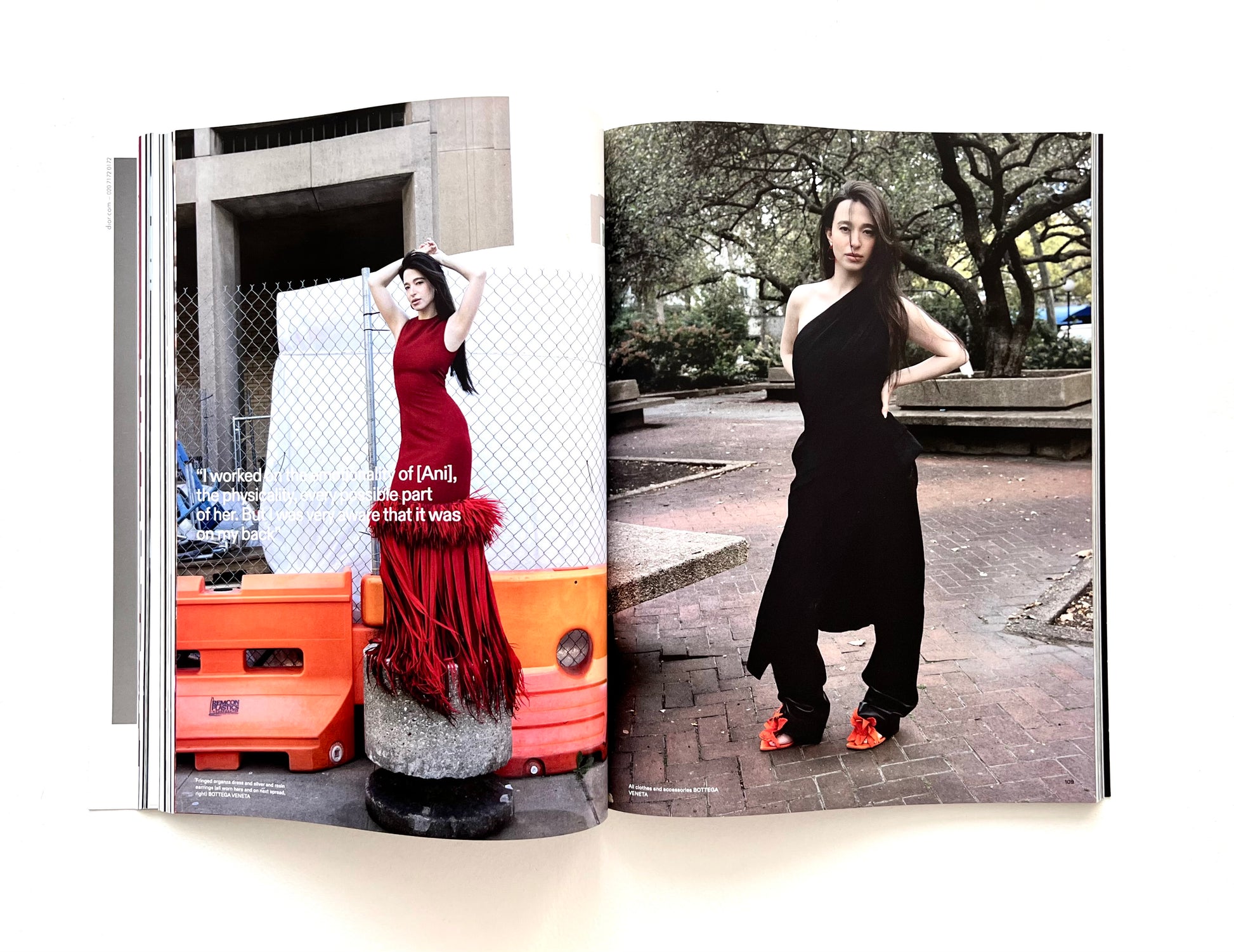 Open magazine showing two pages with women in red and black dresses in different settings.