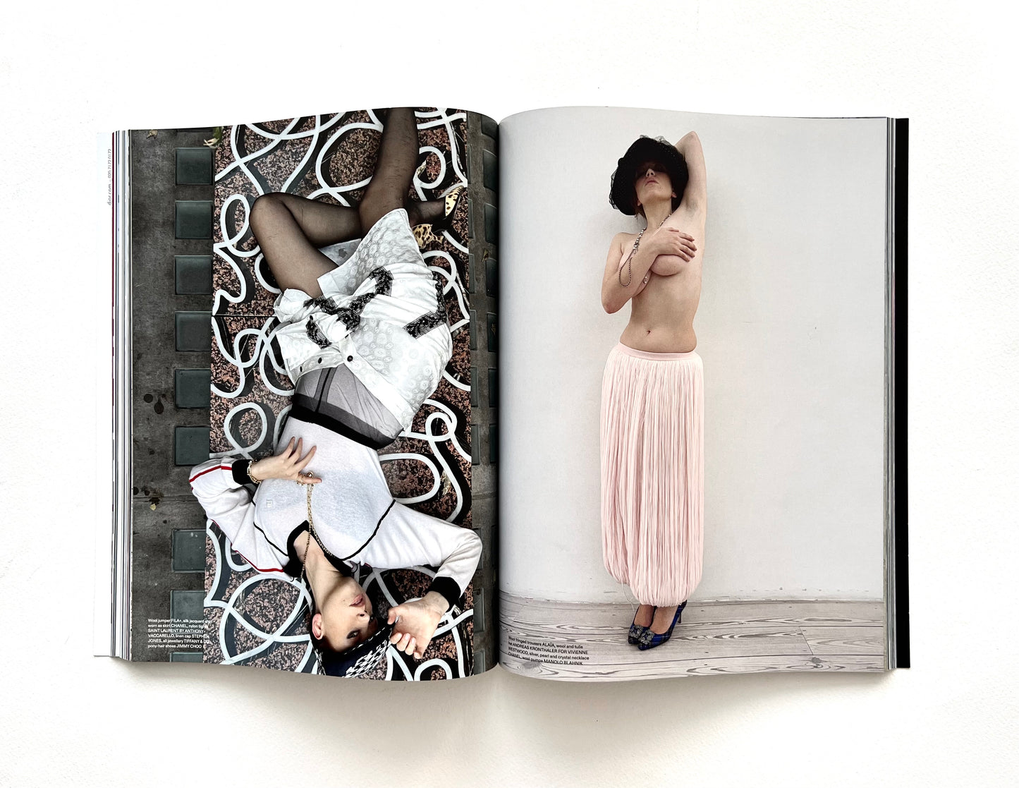 Open fashion magazine showing two pages with women in different poses and outfits.