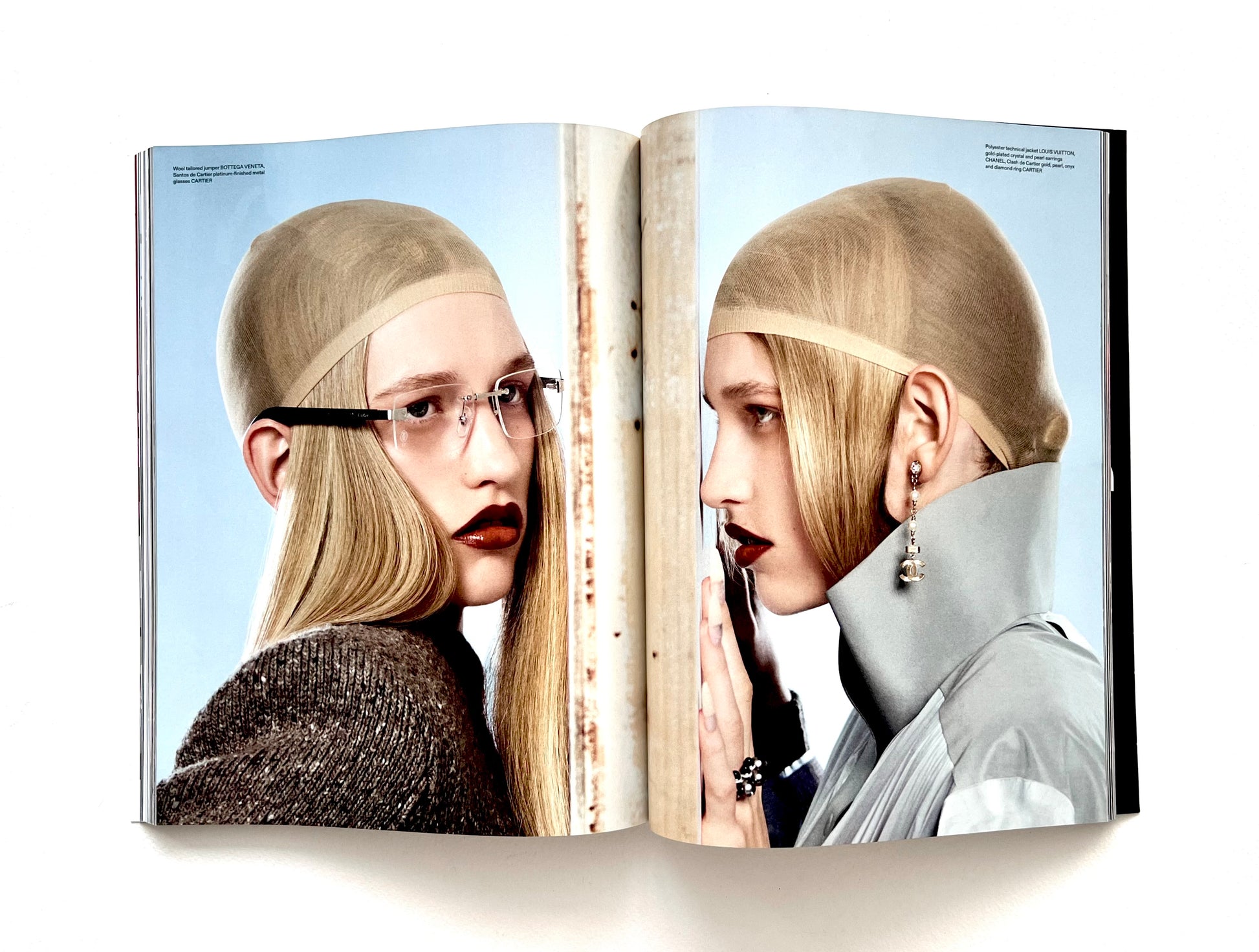 Magazine spread showing two pages with a woman with blonde hair and glasses.