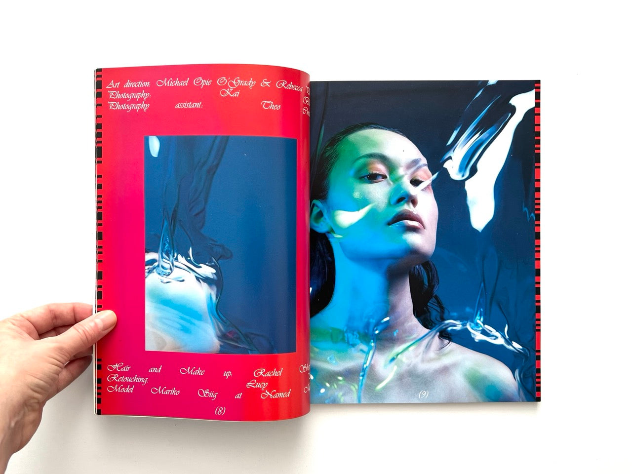 Interior spread of EMULSION Issue One Winter 2018/19 showing a fashion portrait with reflective liquid textures