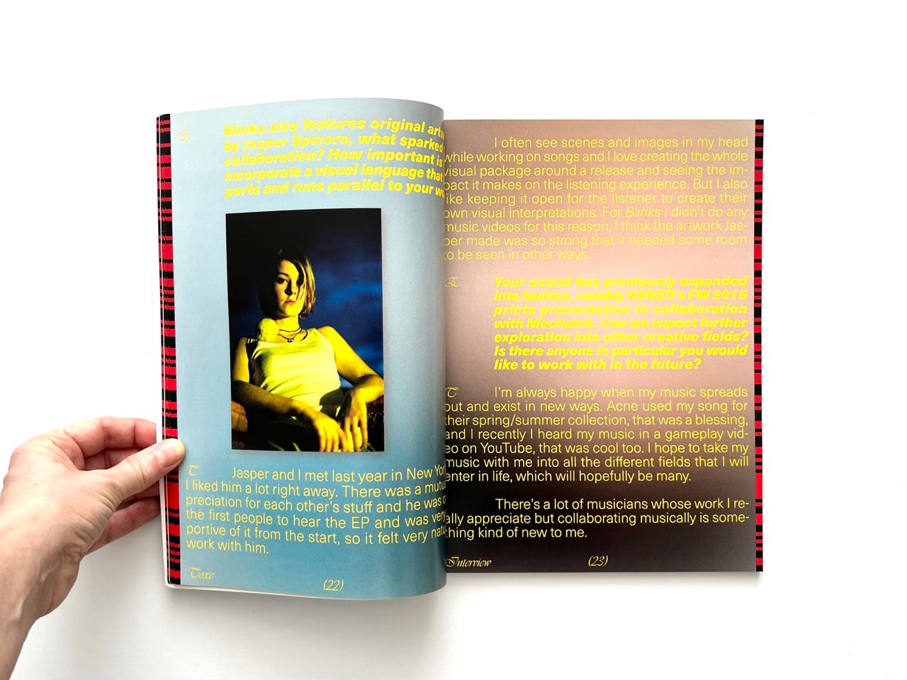 Interior spread of EMULSION Issue One Winter 2018/19 featuring an artist interview with gradient backgrounds and stylised typography