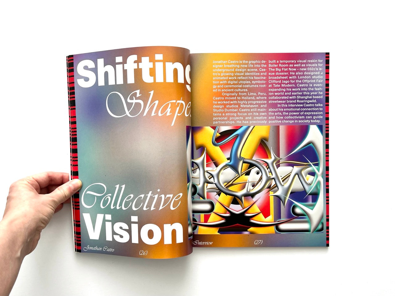 Interior spread of EMULSION Issue One Winter 2018/19 featuring graphic design work by Jonathan Castro