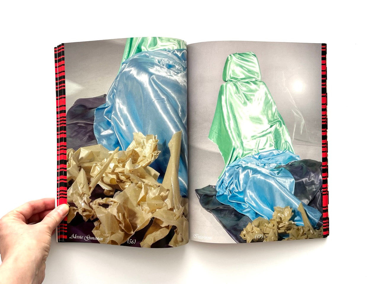 Interior spread of EMULSION Issue One Winter 2018/19 featuring abstract fabric and sculptural forms in soft colours
