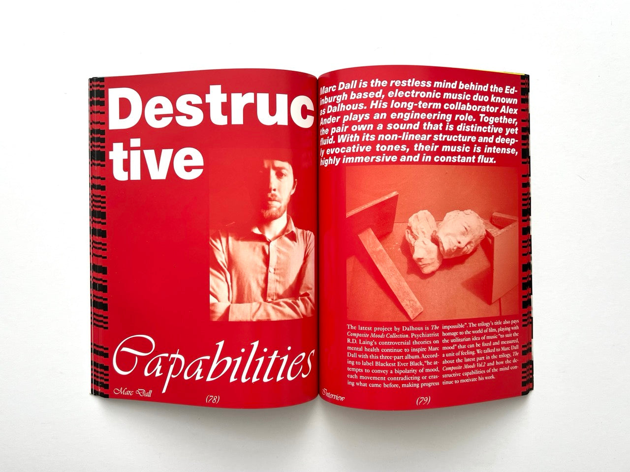 Interior spread of EMULSION Issue One Winter 2018/19 with bold red layout and text-focused editorial design