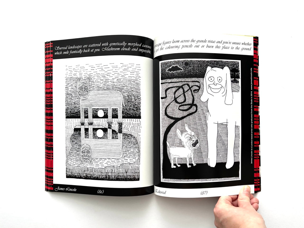 Interior spread of EMULSION Issue One Winter 2018/19 showing black and white illustrated artworks