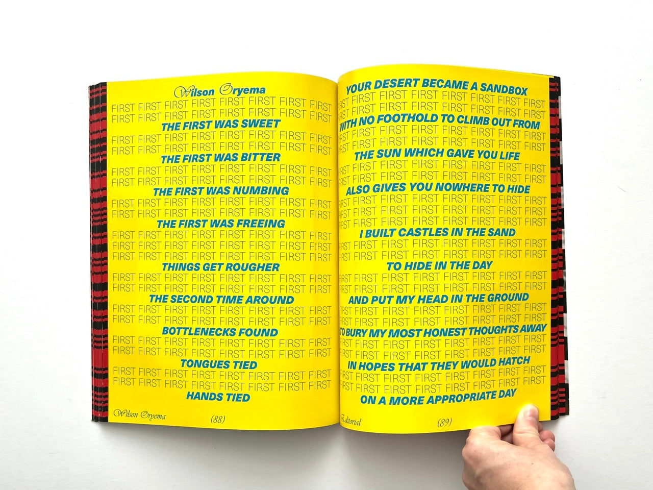 Interior spread of EMULSION Issue One Winter 2018/19 featuring bright yellow pages with conceptual text-based artwork