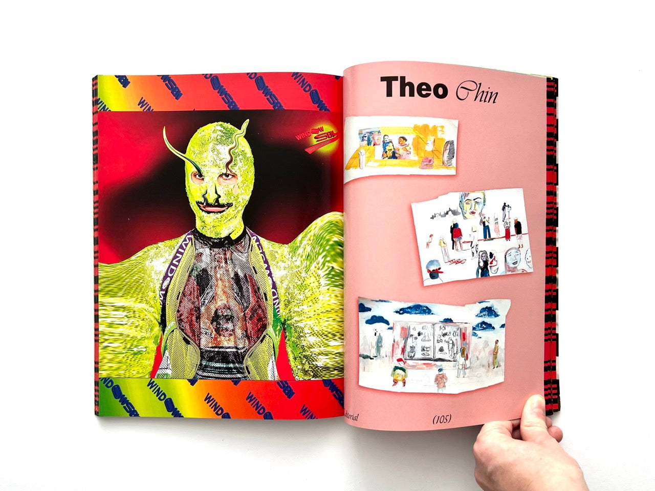 Interior spread of EMULSION Issue One Winter 2018/19 featuring artwork and drawings by Theo Chin