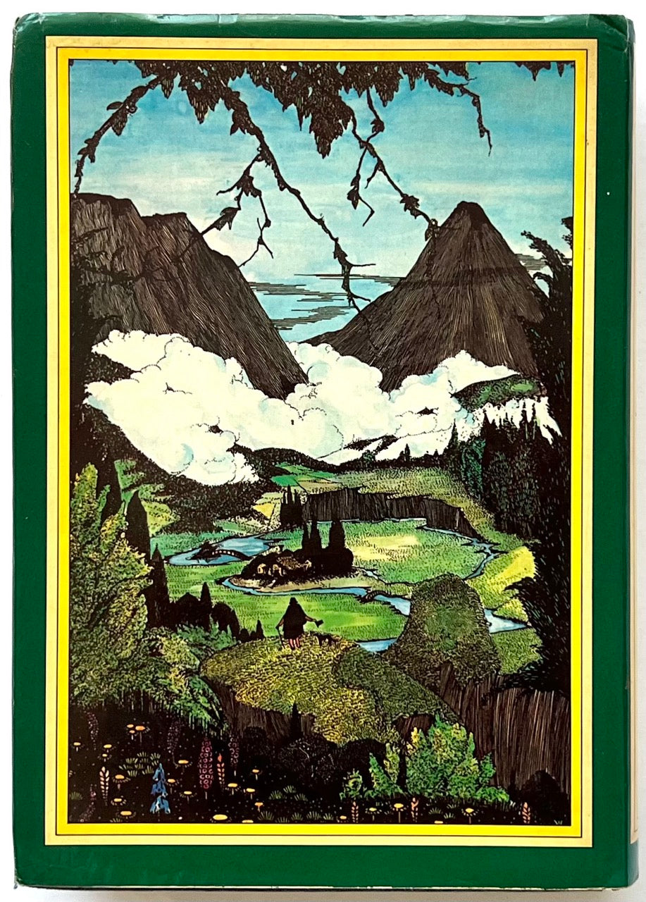 Back cover of Forty-Two Tales by Edgar Allan Poe, 1979 edition, featuring a detailed colour illustration of a fantastical mountainous landscape.